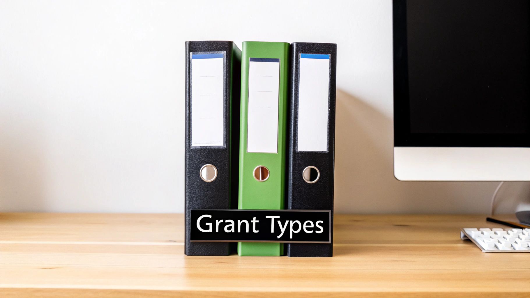 Three office binders, one green and two black, with 'Grant Types' text on a wooden desk.