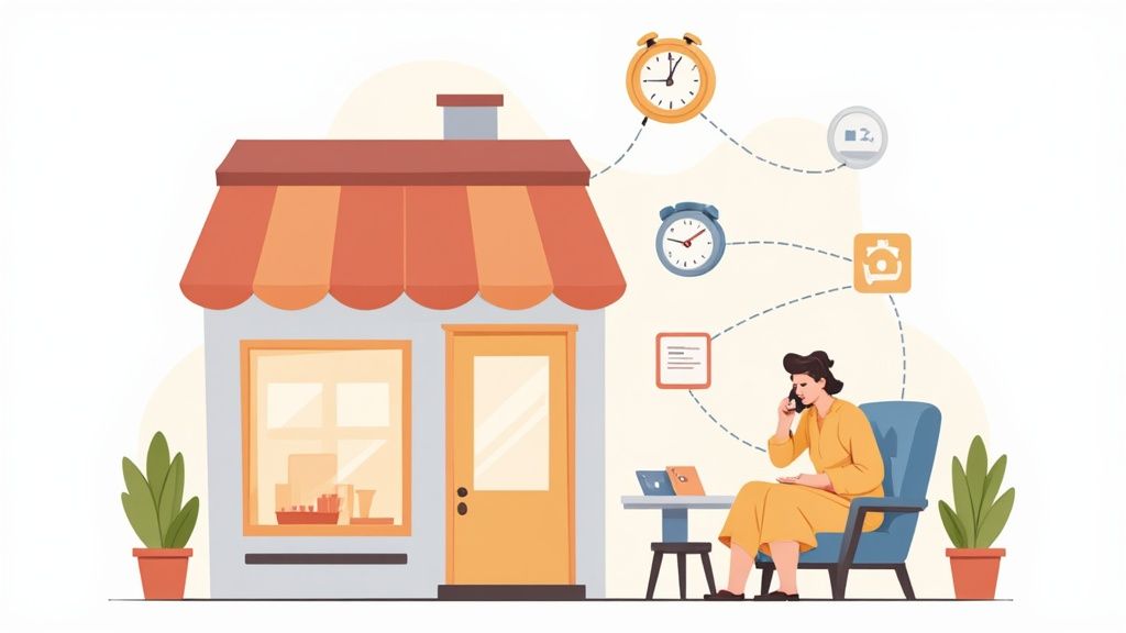 A small business owner using a tablet to manage automated workflows, with icons representing different business tasks floating around her.