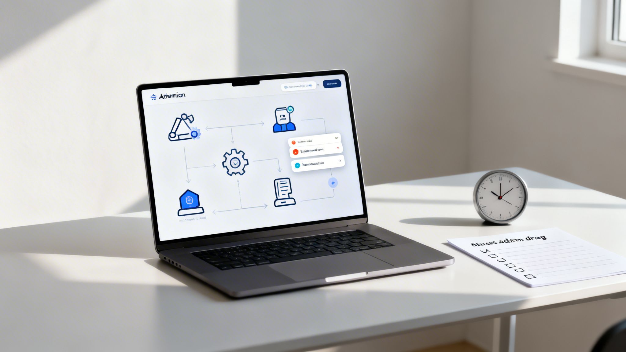 Laptop on a desk displaying a project management workflow with icons and a checklist.