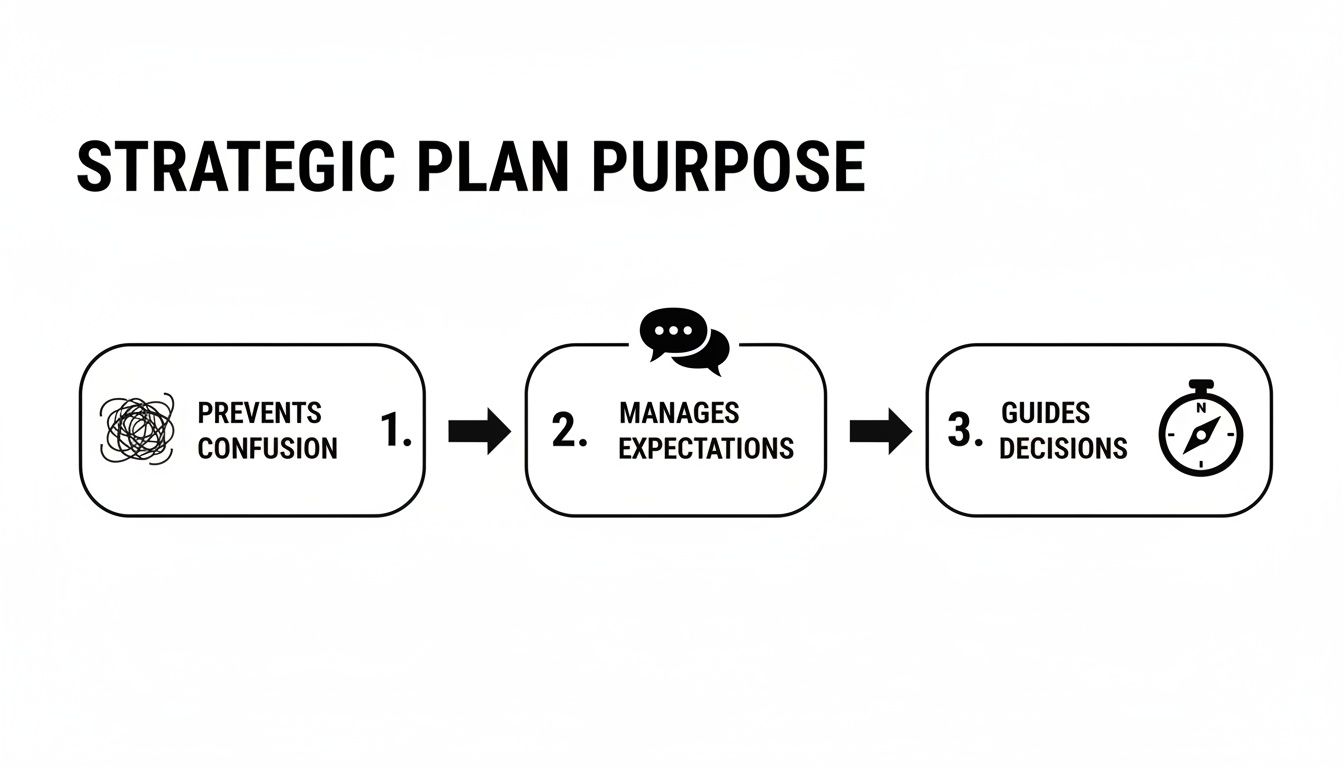Infographic outlining the purpose of a strategic plan: prevents confusion, manages expectations, guides decisions.