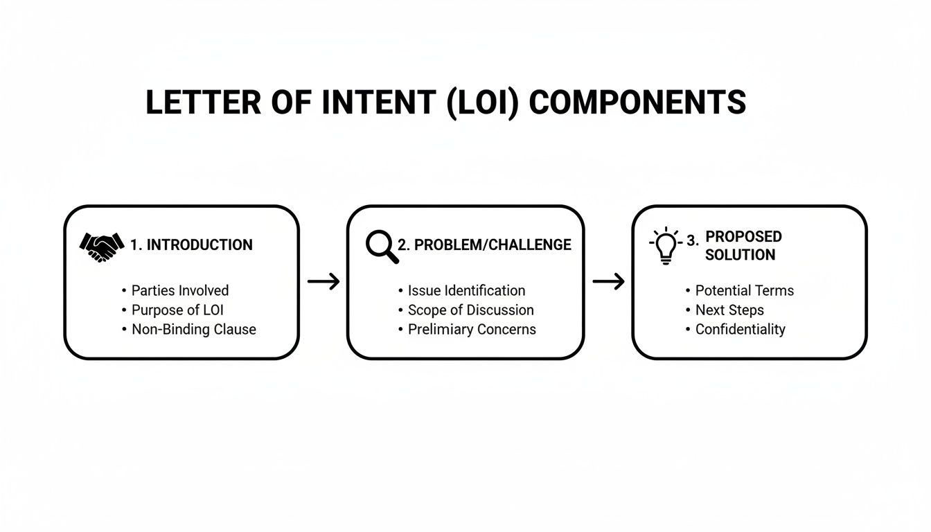 Flowchart illustrating the three essential components of a Letter of Intent (LOI): Introduction, Problem/Challenge, and Proposed Solution.