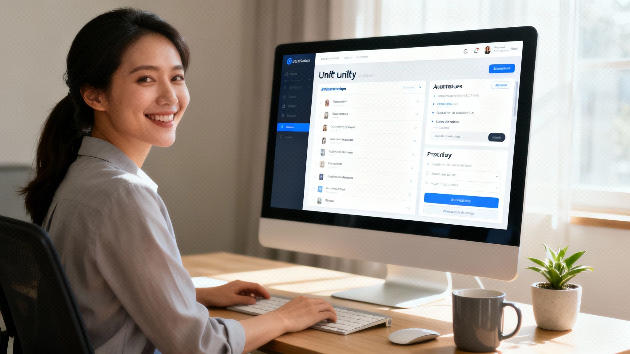 A smiling woman is working at a computer in a modern office environment, looking at the viewer.