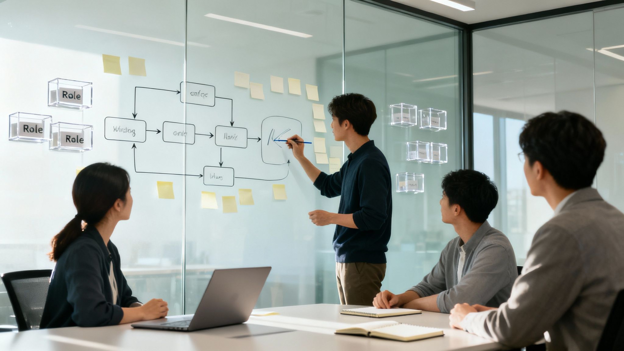 Four Asian colleagues collaborate on a business process flowchart drawn on a glass whiteboard.
