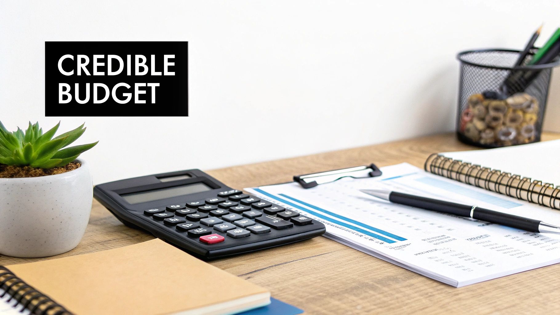 A desk with a calculator, financial documents, a pen, a small plant, and a sign 'CREDIBLE BUDGET'.