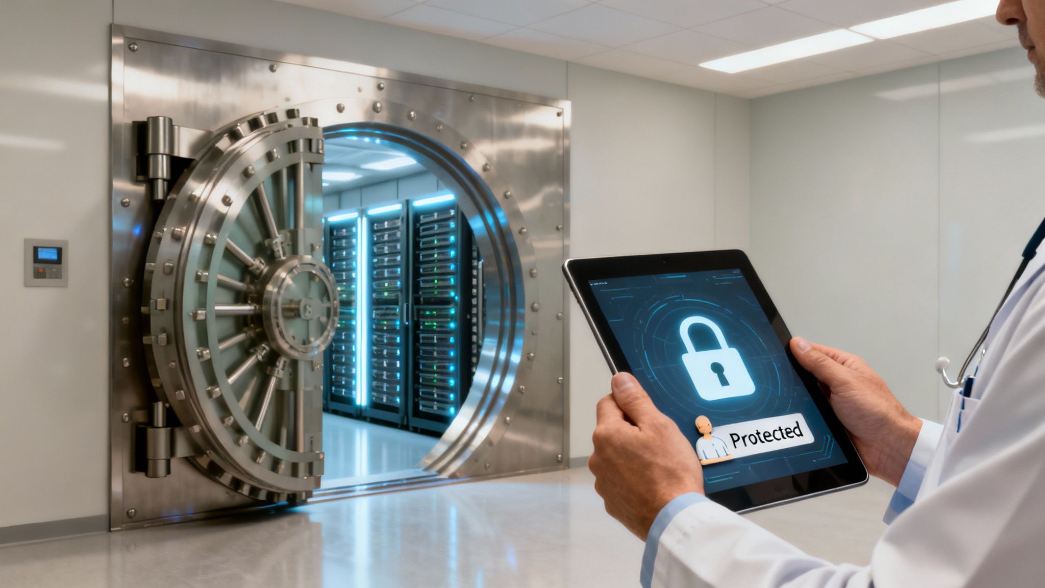Healthcare professional using a tablet to protect cloud-based patient data in a secure server vault.