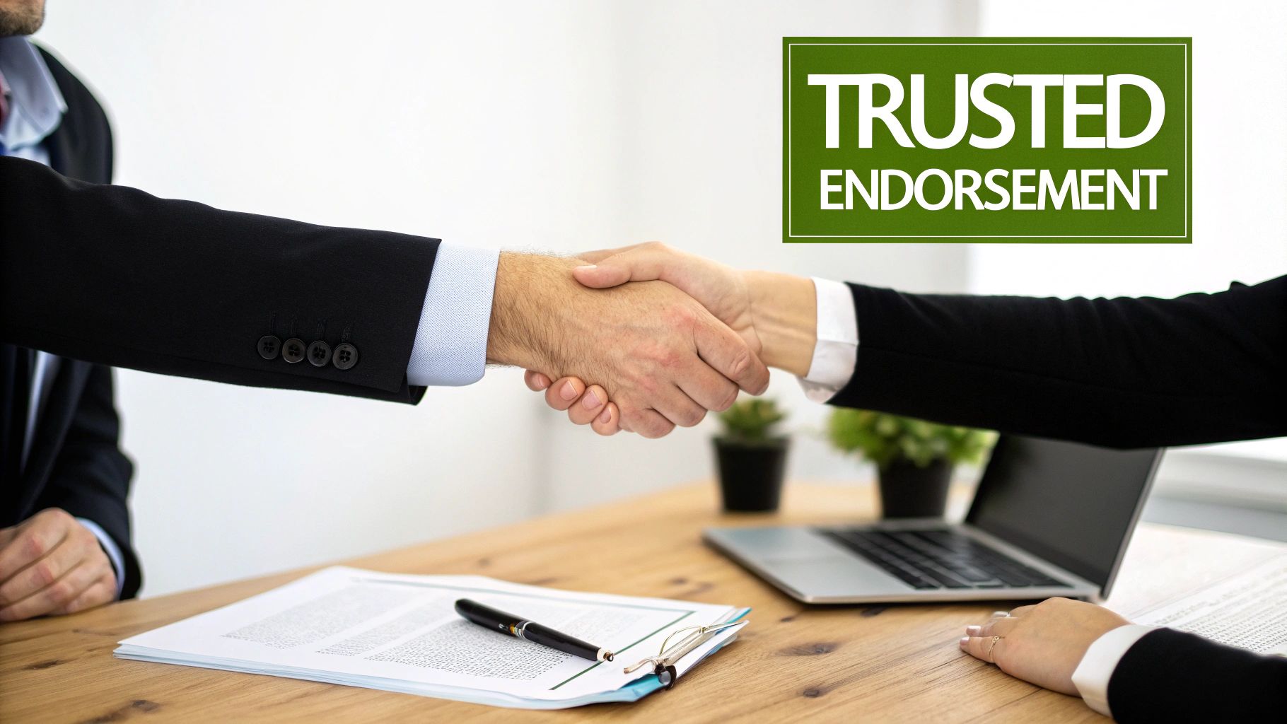 A man and a woman in business attire shake hands, symbolizing a trusted endorsement or agreement.