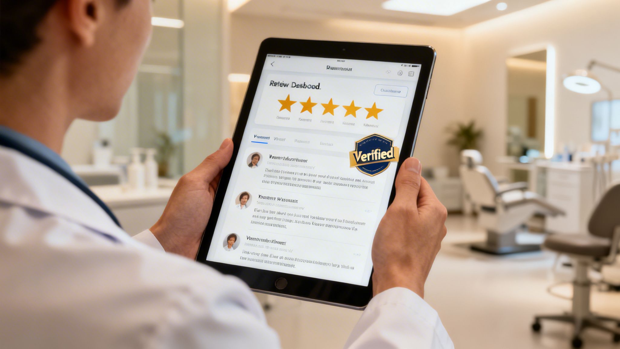 Medical professional reviewing patient feedback and verified testimonials on a tablet in a clinic.