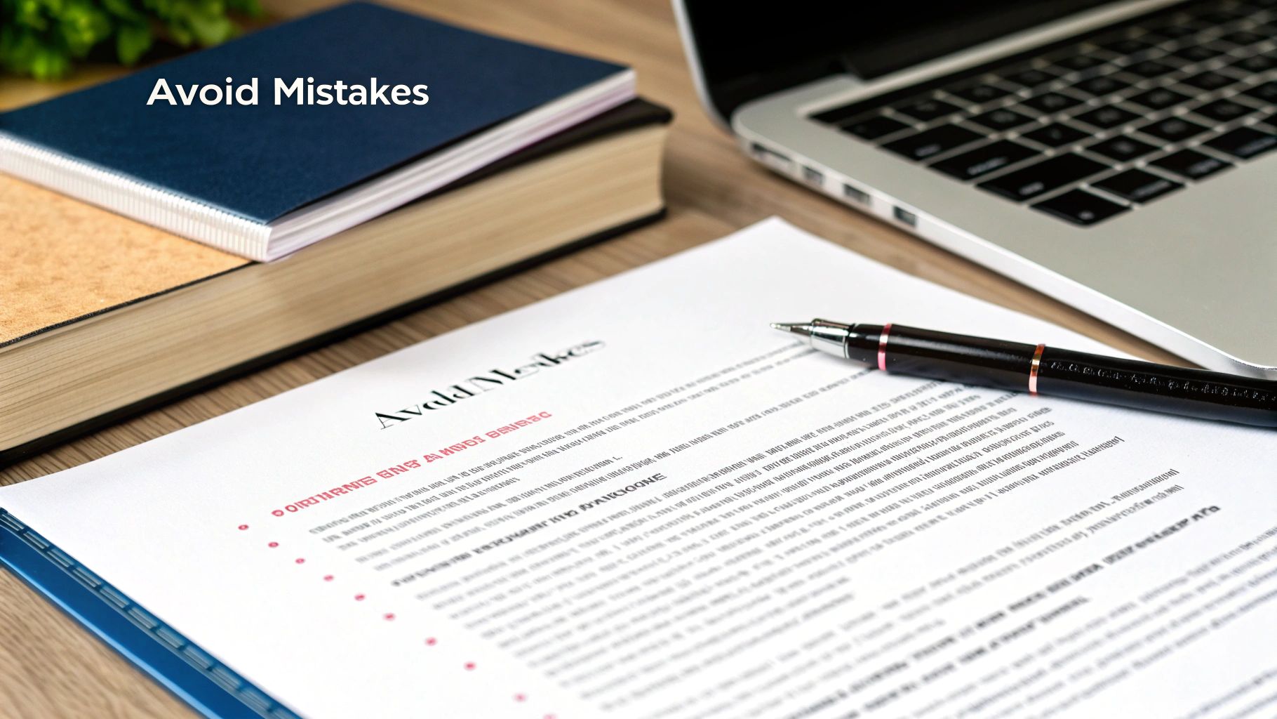Desk with open laptop, stacked books, and a document titled 'Avoid Mistakes' next to a pen.