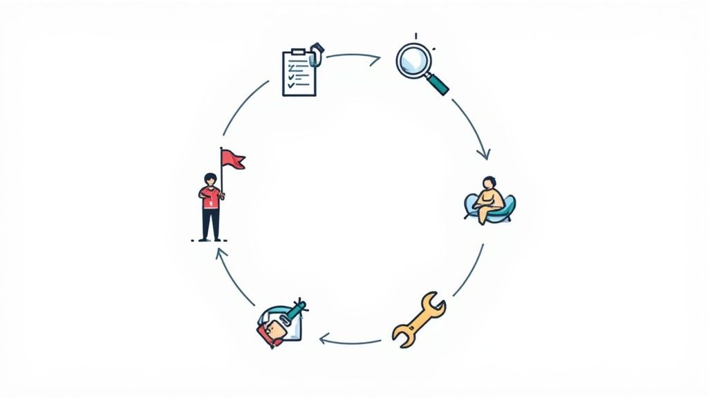 A group of professionals in a debriefing session, analyzing data on a screen to illustrate turning test results into actionable improvements.