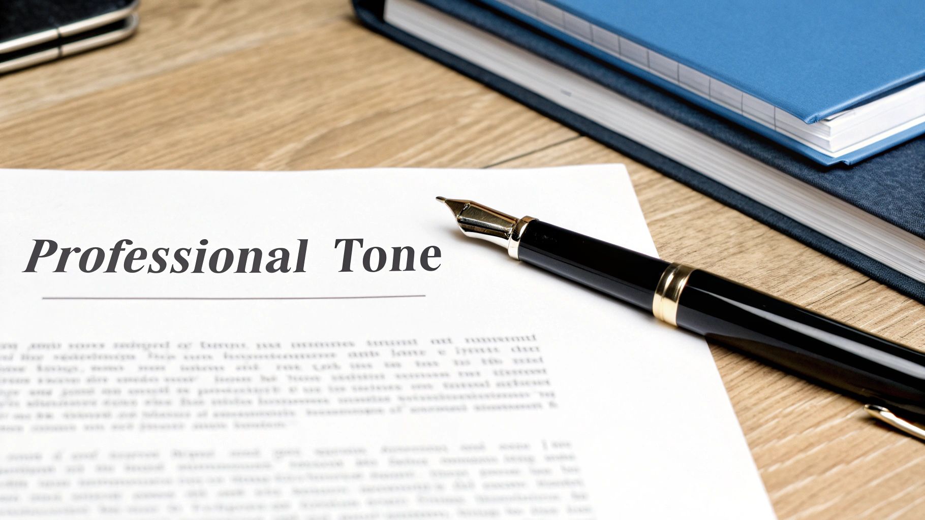 A fountain pen rests on a document displaying 'Professional Tone' on a wooden desk.