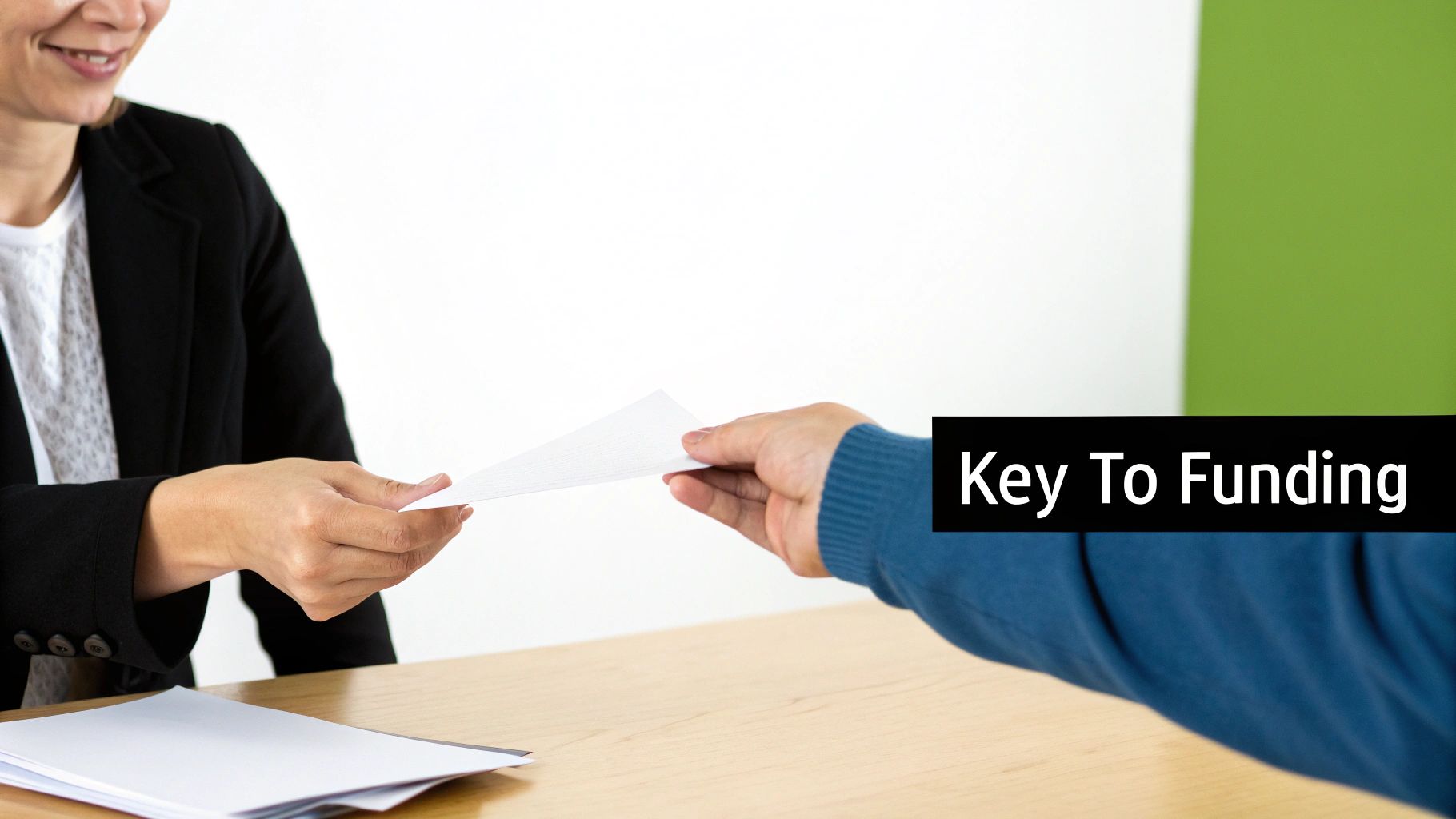 A professional woman hands over grant letters to a man, symbolizing the key to funding.