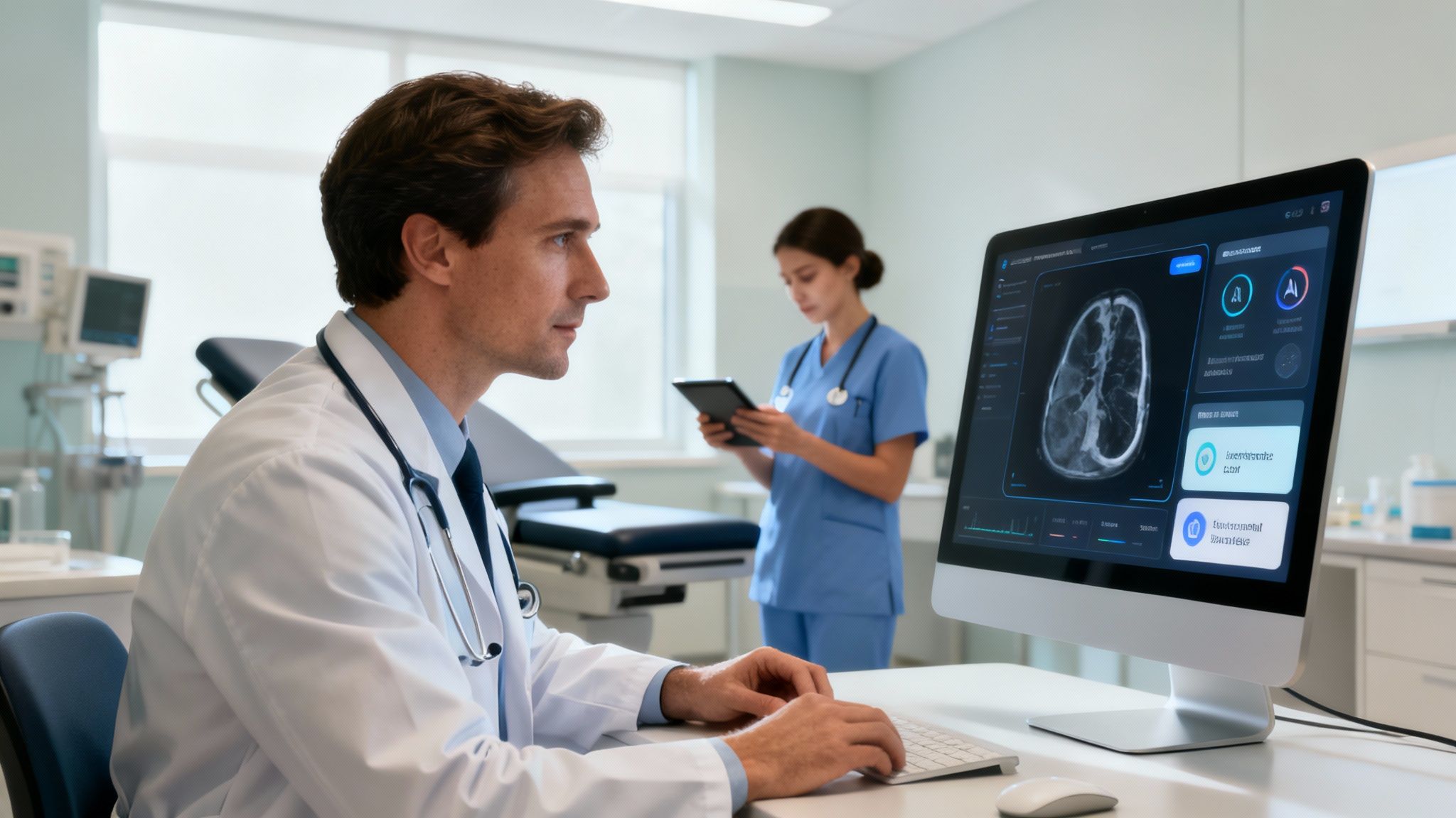 A male doctor reviews a brain scan on a computer, while a nurse uses a tablet.