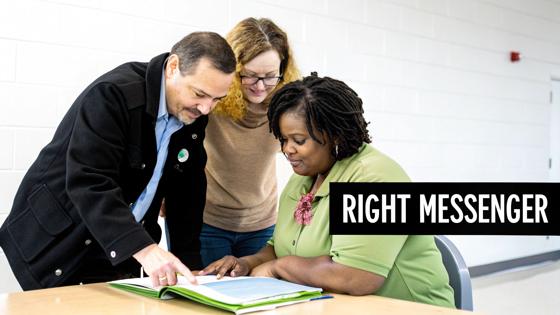 Three diverse professionals, including two women and a man, collaboratively review documents at a table.