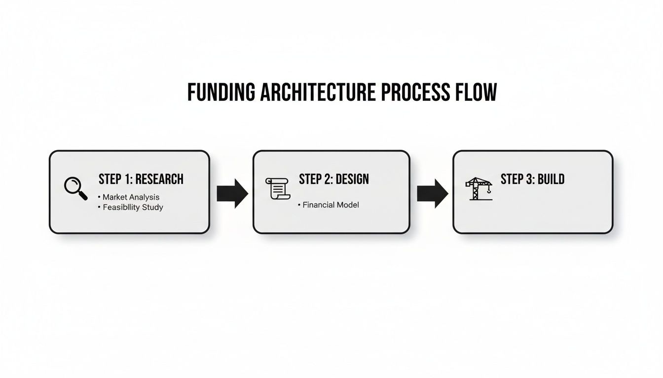 A flowchart illustrating the funding architecture process flow with three steps: Research, Design, and Build, showing related tasks.