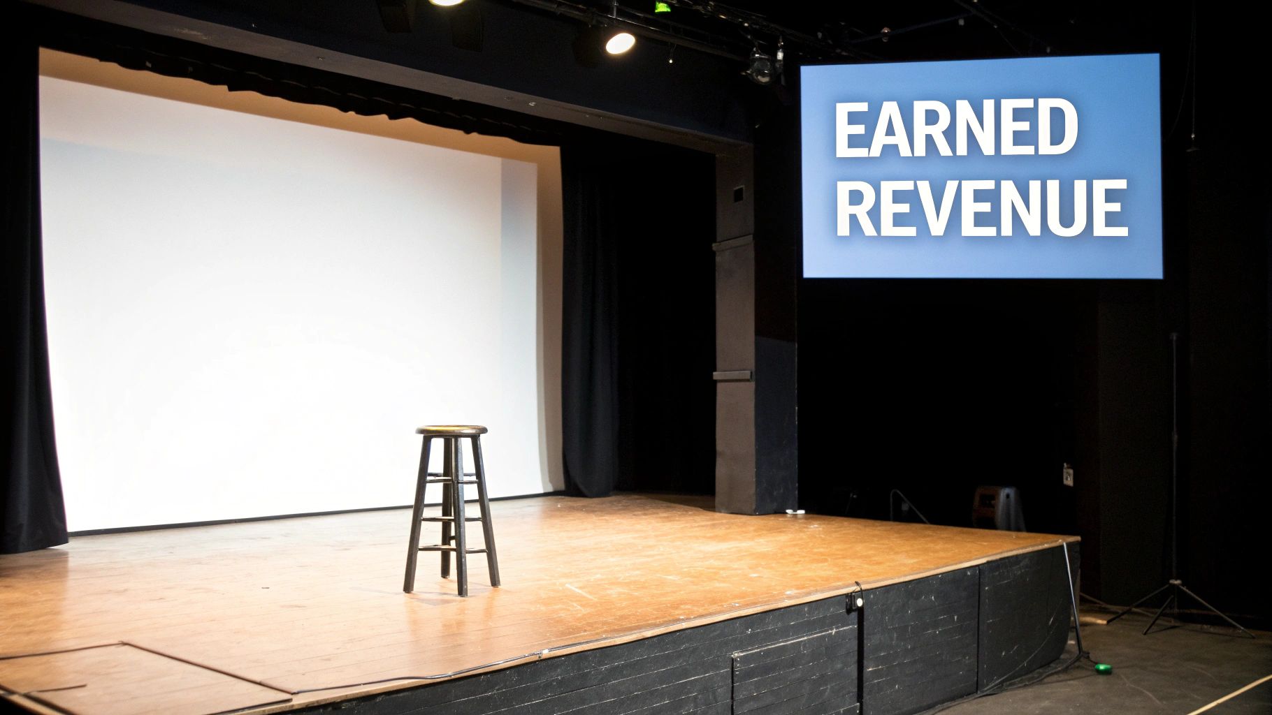 An empty stage with a wooden stool and a screen displaying 'EARNED REVENUE' on a blue background.