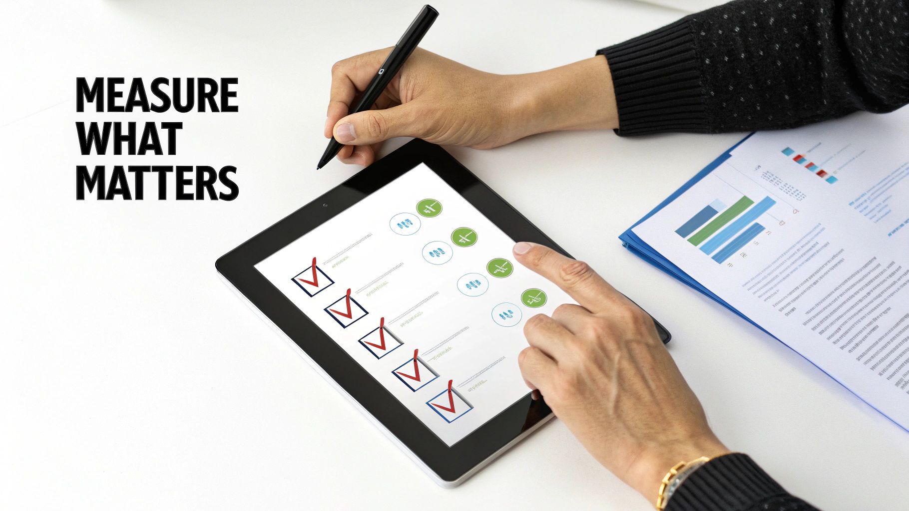 Hands interact with a digital checklist on a tablet, emphasizing "Measure What Matters."