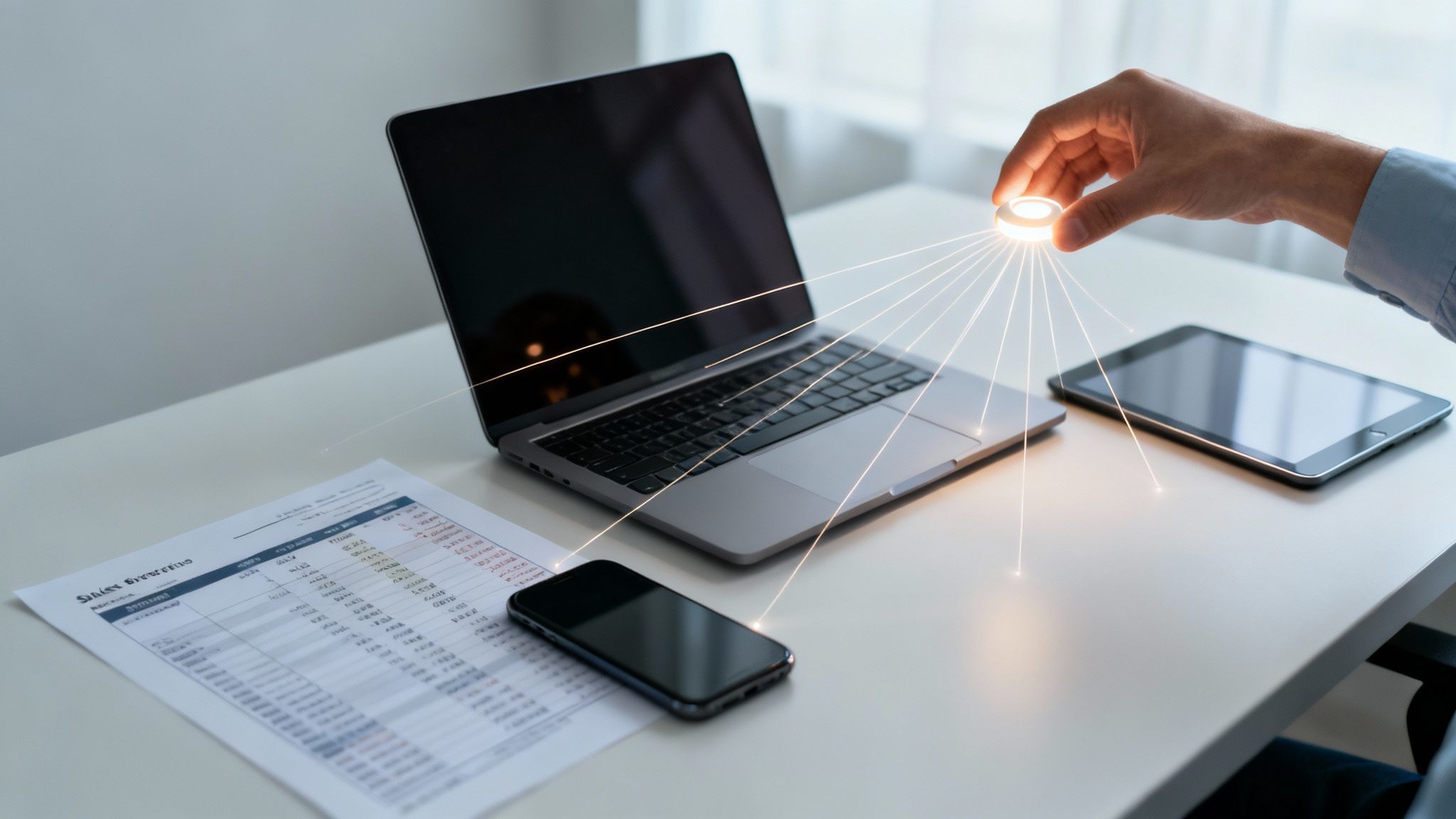 A hand holds a glowing device, emitting light rays that connect to a laptop, tablet, and smartphone on a desk.