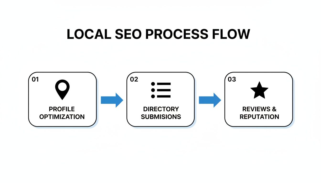 Flowchart detailing the three key steps of local SEO: profile optimization, directory submissions, and reputation.