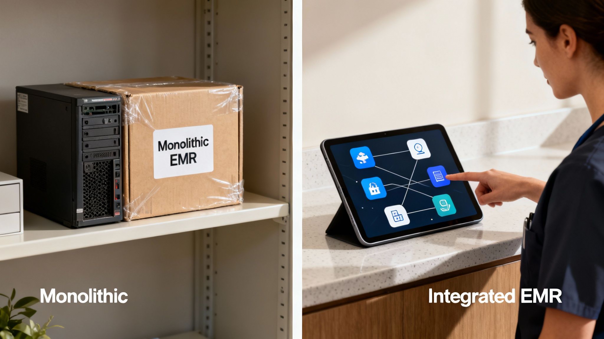 A side-by-side comparison of monolithic and integrated EMR systems, highlighting hardware vs. a digital interface.