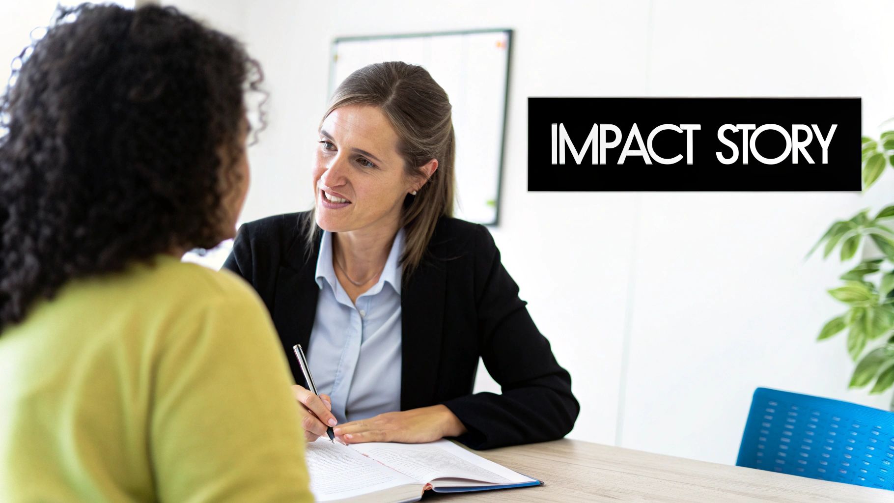 Two women in a bright office, one writing in a notebook, with "IMPACT STORY" text on the wall.