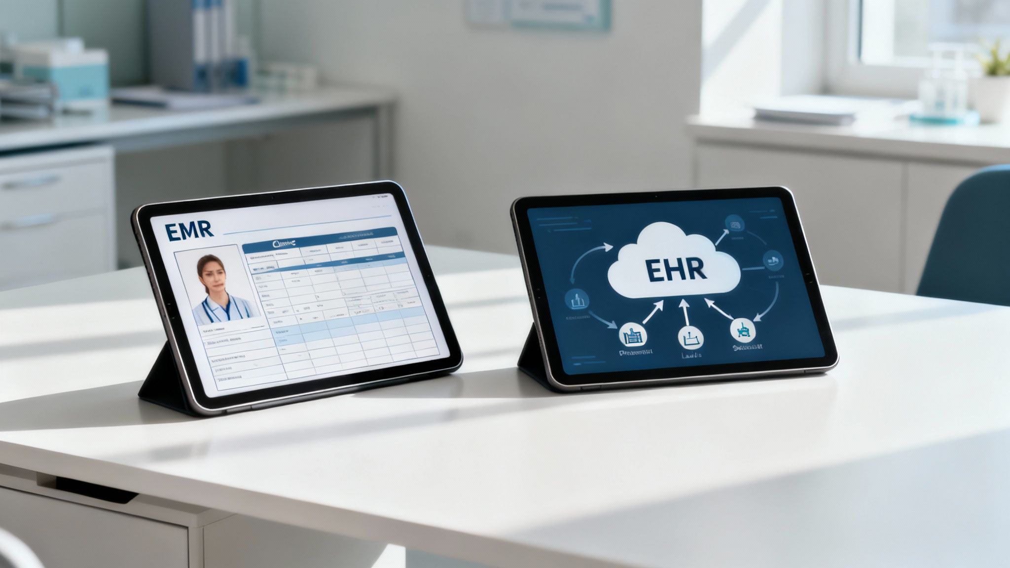 Two tablets display EMR and EHR systems with medical information on a clean white desk.