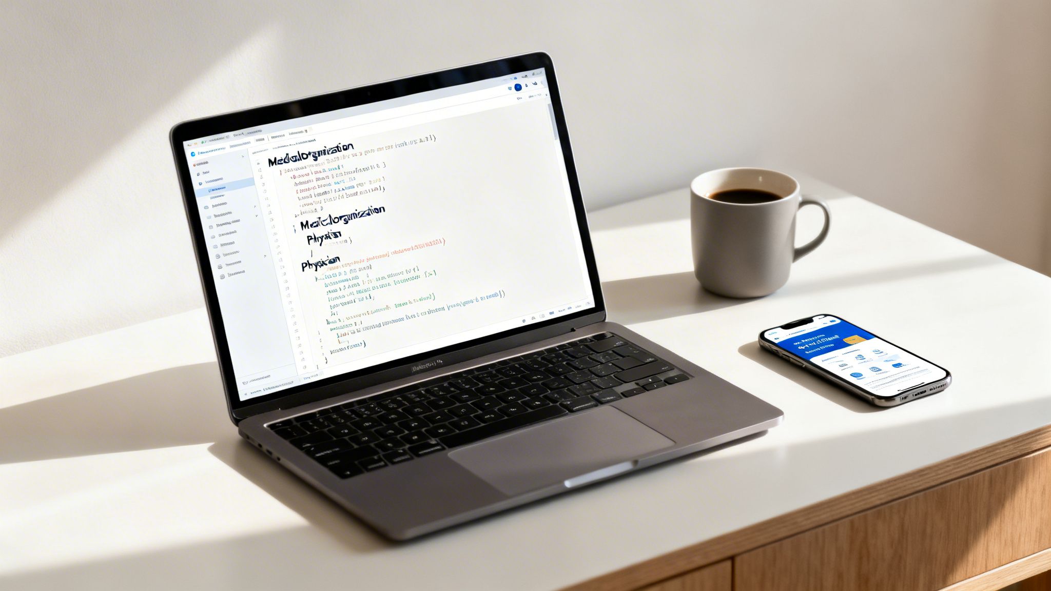 A laptop displays medical code next to a coffee cup and a smartphone with a healthcare app.