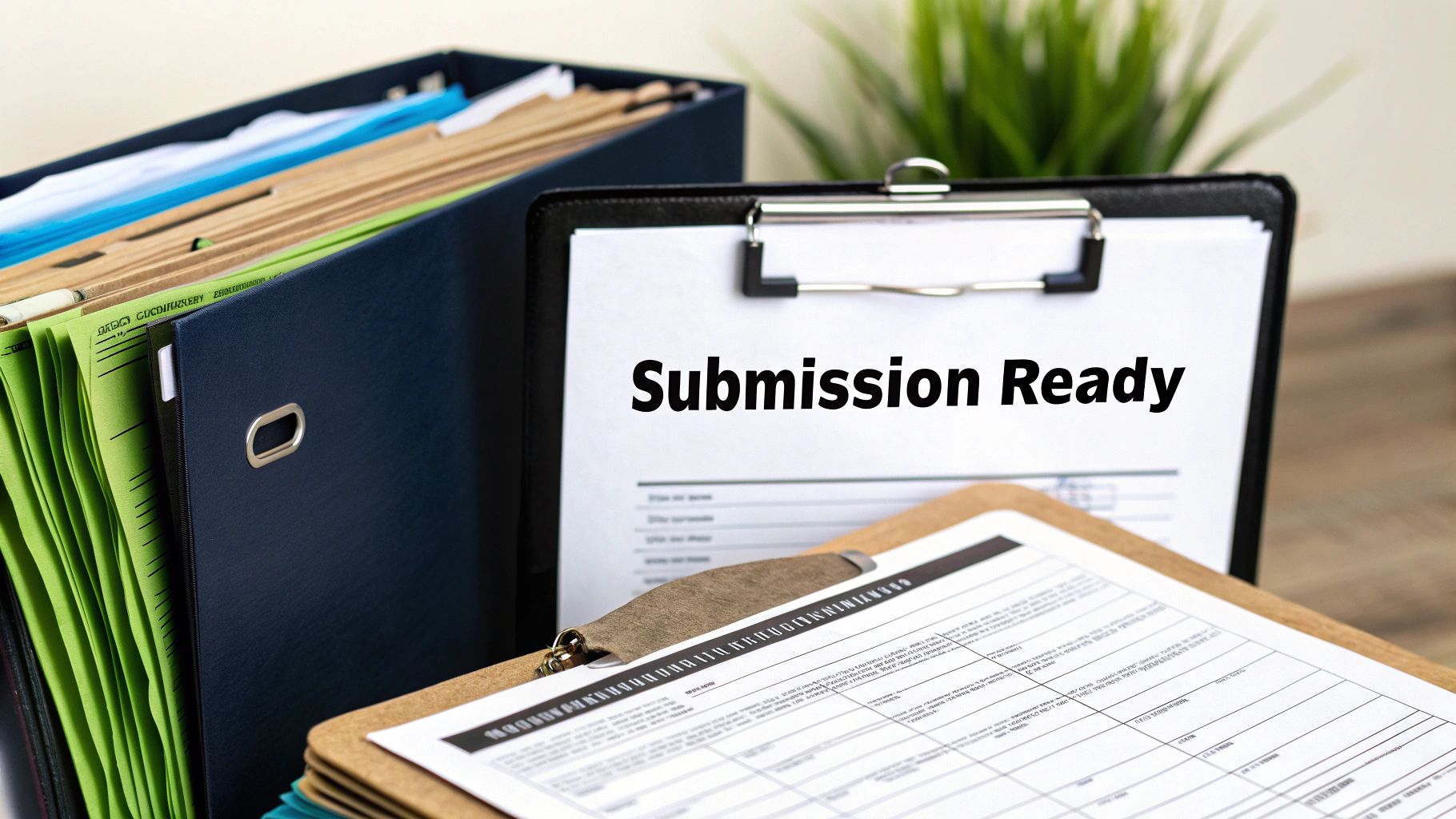 A dark blue binder filled with various colored folders, alongside a clipboard displaying 'Submission Ready' text.