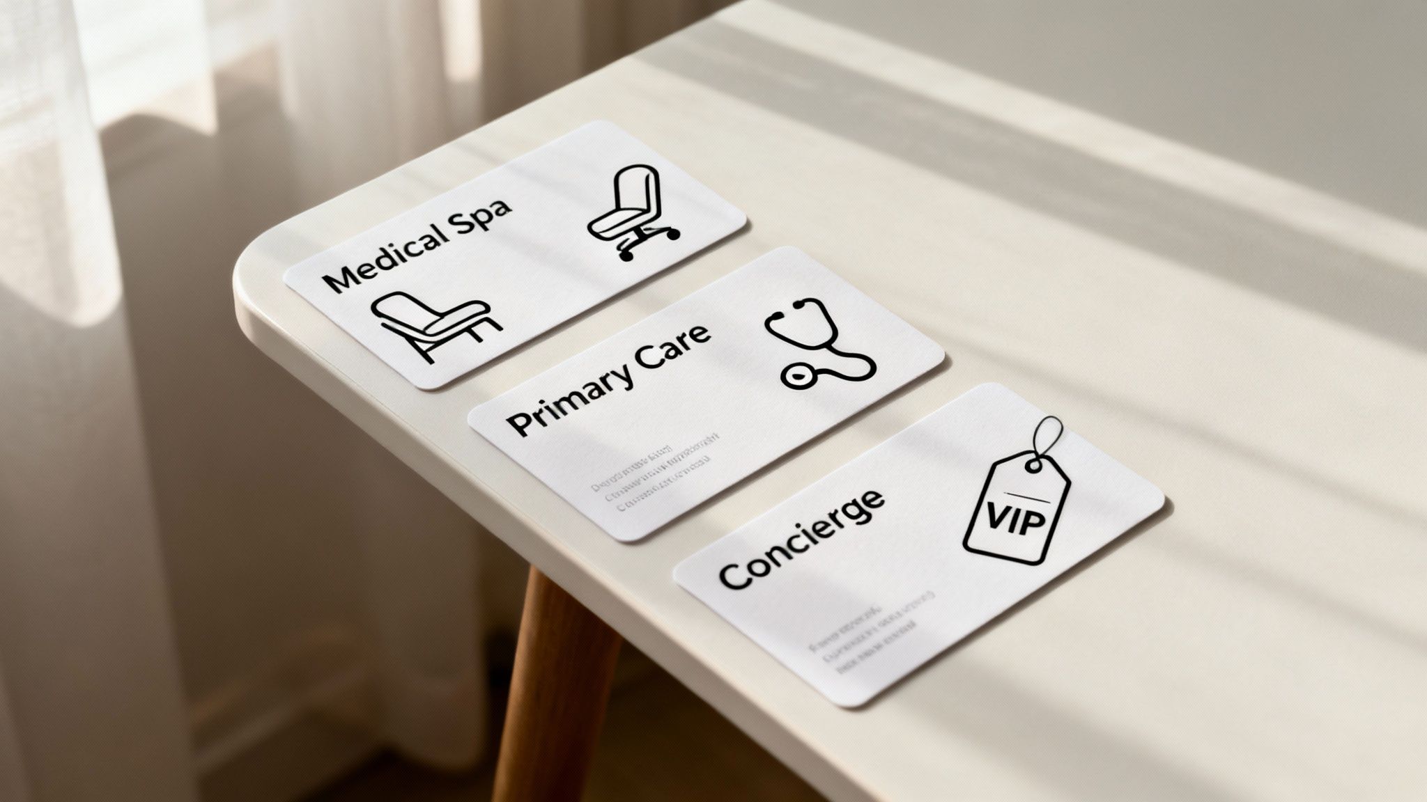 Three white cards on a light table, labeled Medical Spa, Primary Care, and Concierge with relevant icons.