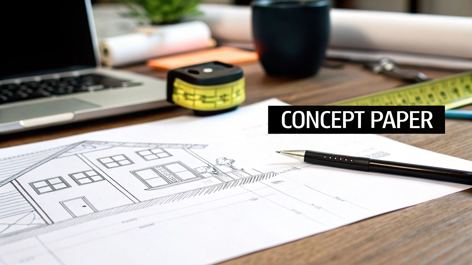 An architectural drawing of a house, pen, laptop, and 'CONCEPT PAPER' text on a wooden desk.