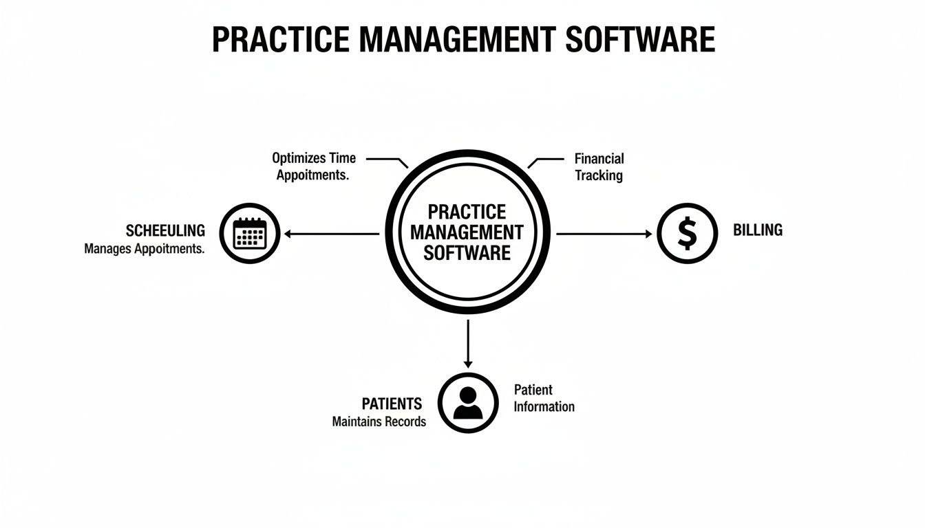 Diagram illustrating practice management software functions: scheduling, billing, and patient information management.