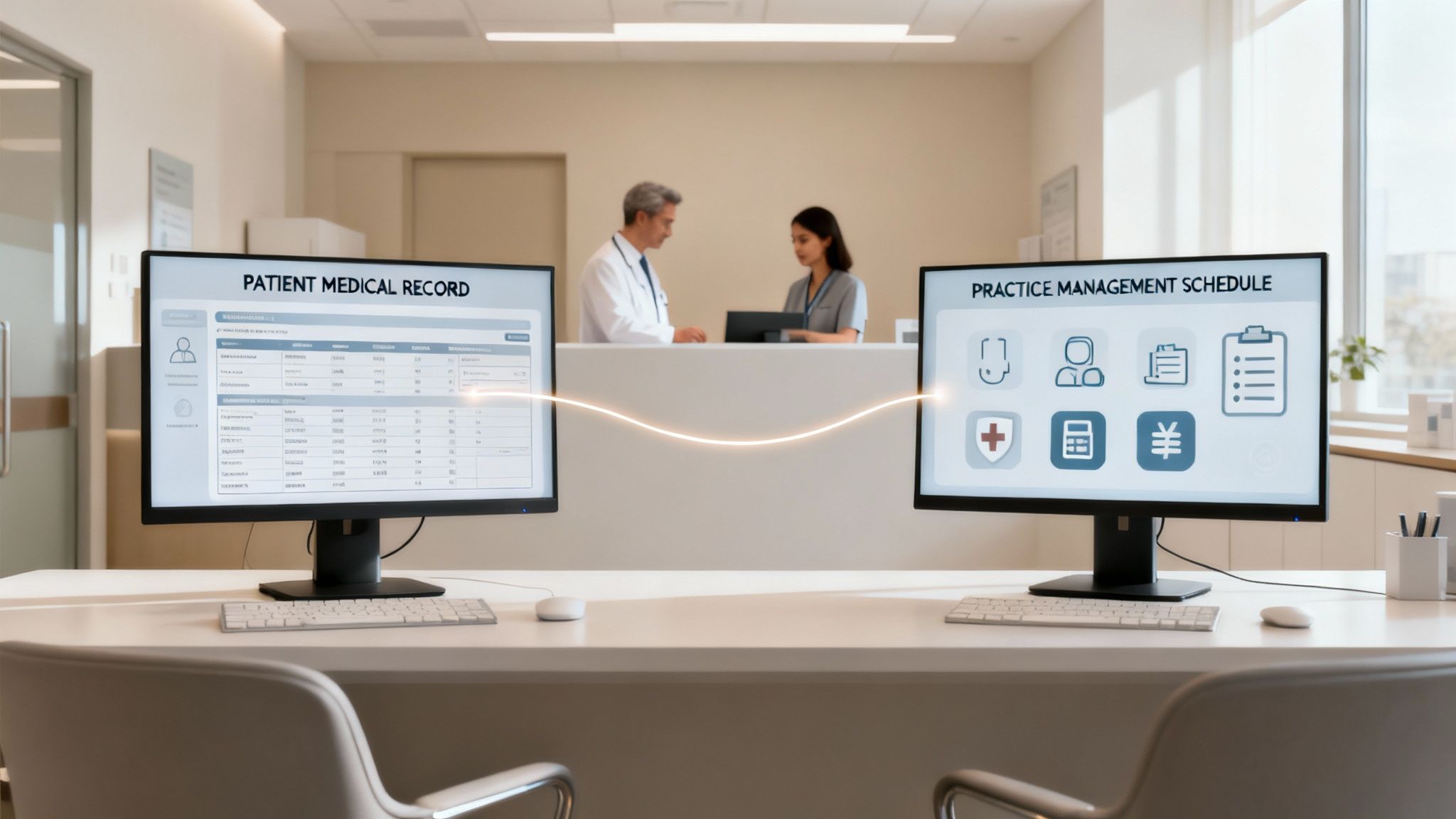 Two monitors display patient medical records and practice management schedules, connected by a data line in a clinic.