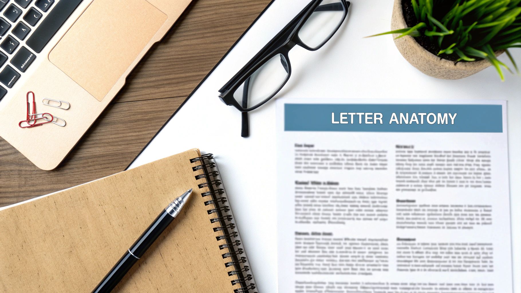 Flat lay of a professional desk with laptop, notebook, glasses, and a document titled 'LETTER ANATOMY'.
