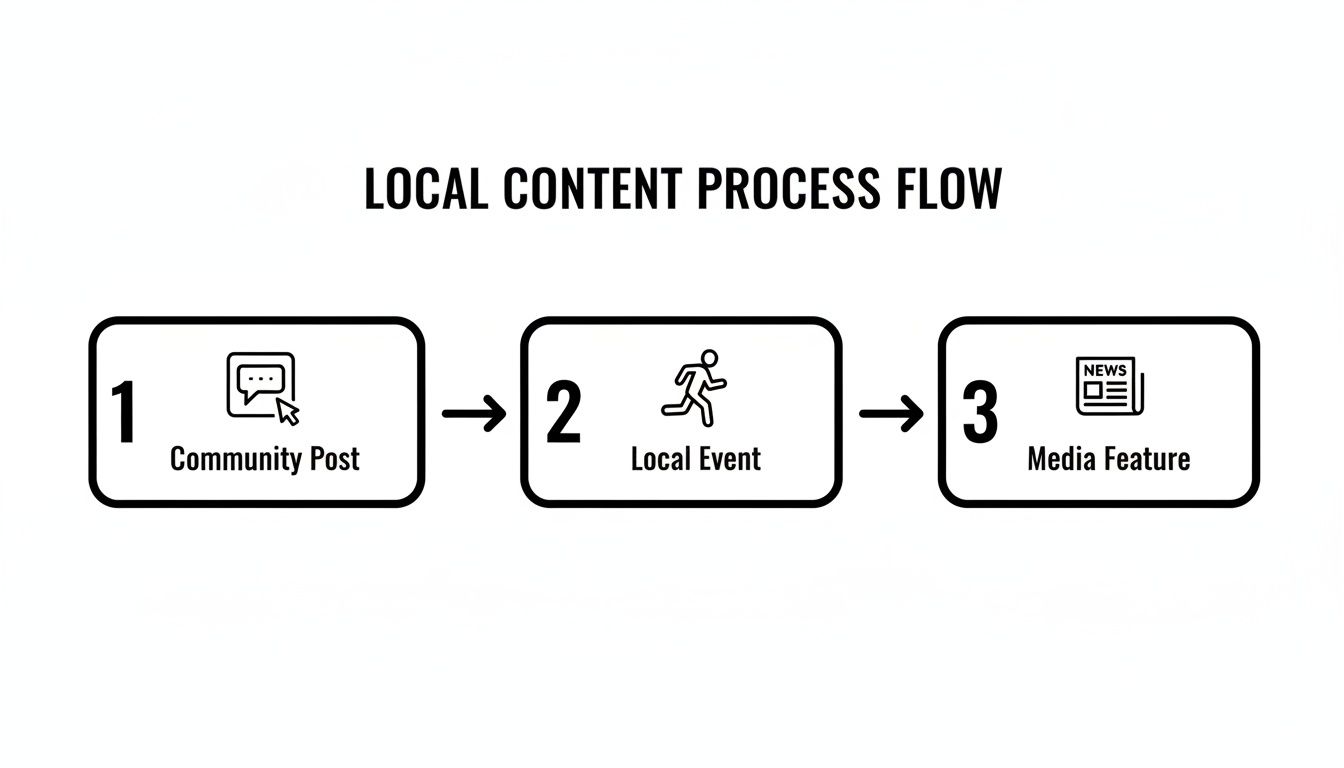 Flowchart illustrating the local content process: Community Post, leading to Local Event, and Media Feature.