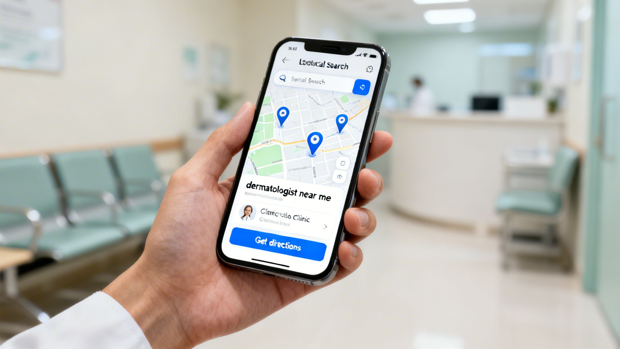 A person holds a phone showing a map app with a 'dermatologist near me' search in a clinic.