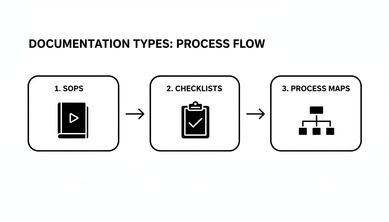 A diagram illustrating the process flow of documentation types: SOPS, Checklists, and Process Maps.