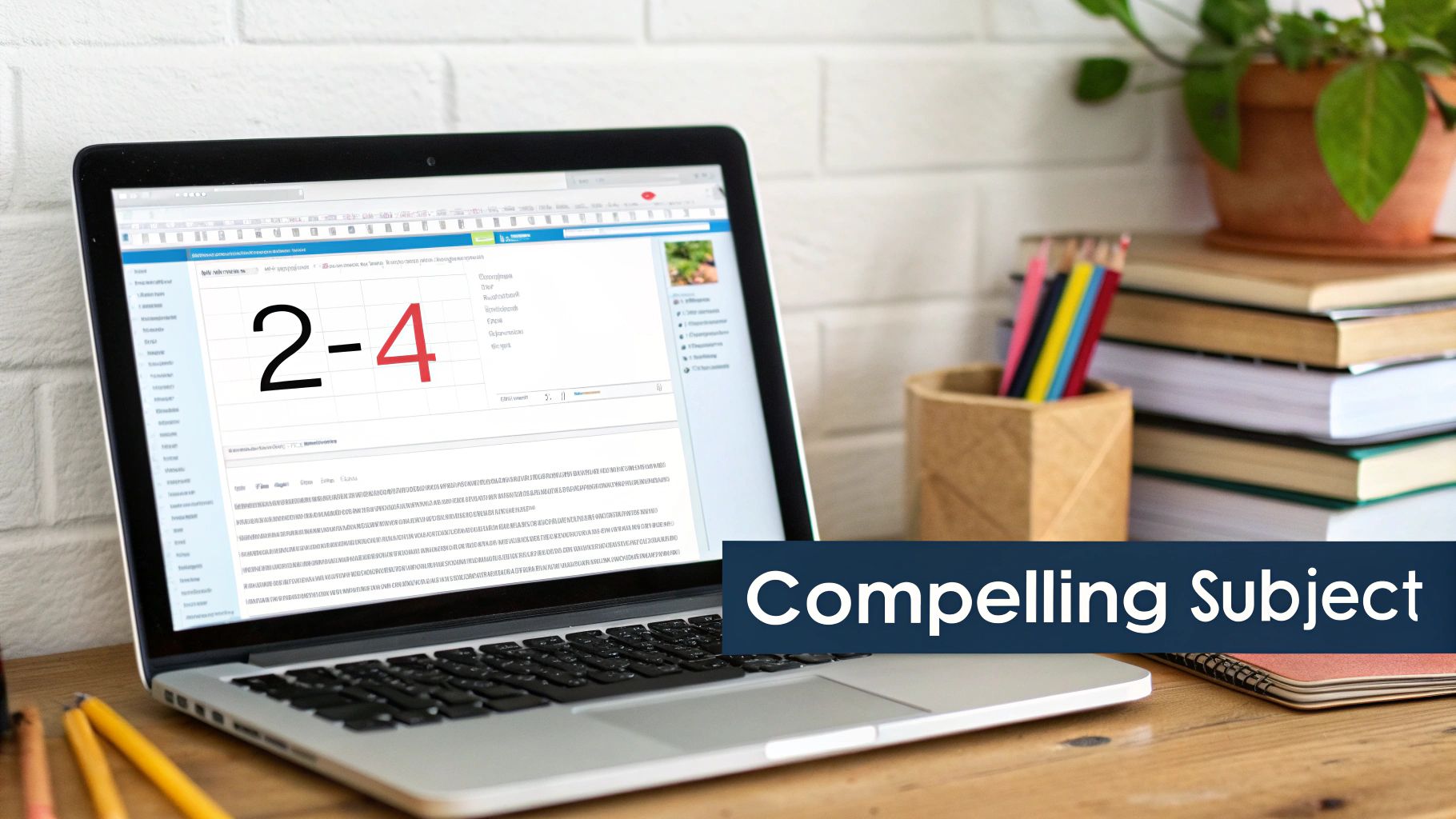 Laptop displaying email template with subject line on desk with books and stationery