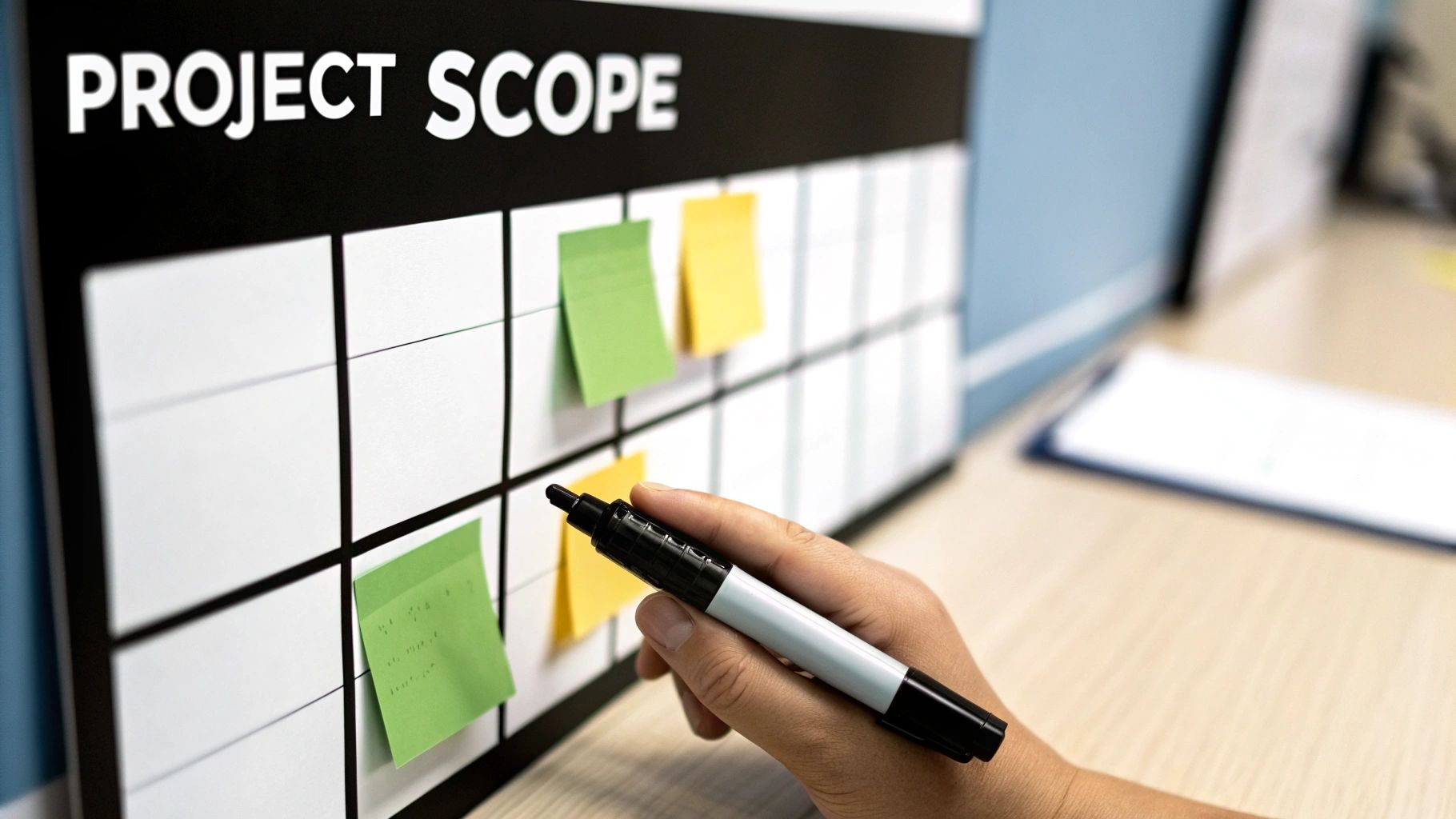A person using sticky notes on a glass wall to define the scope of a project.