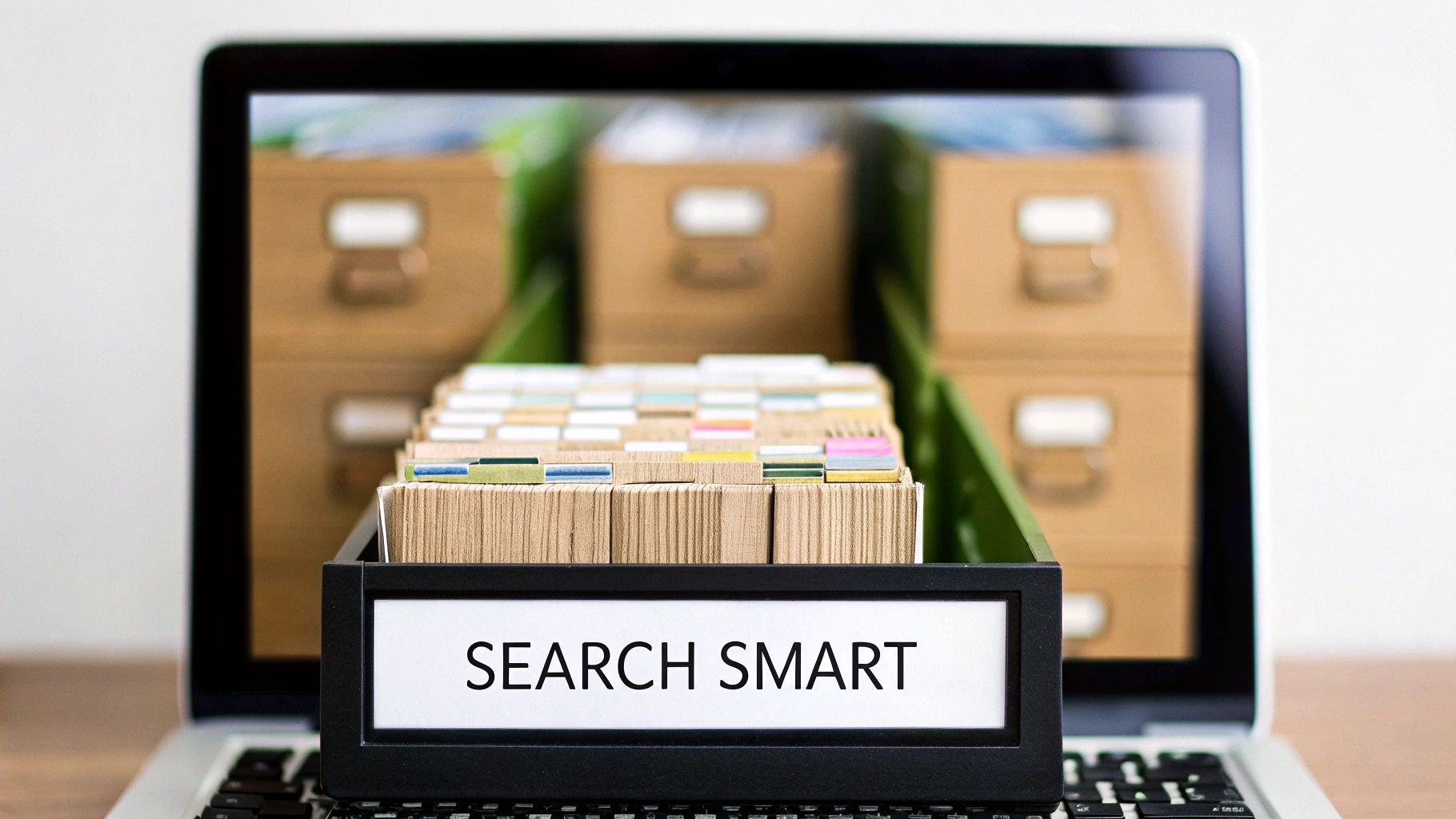 A laptop displaying a digital filing system with a 'SEARCH SMART' box of files in front.