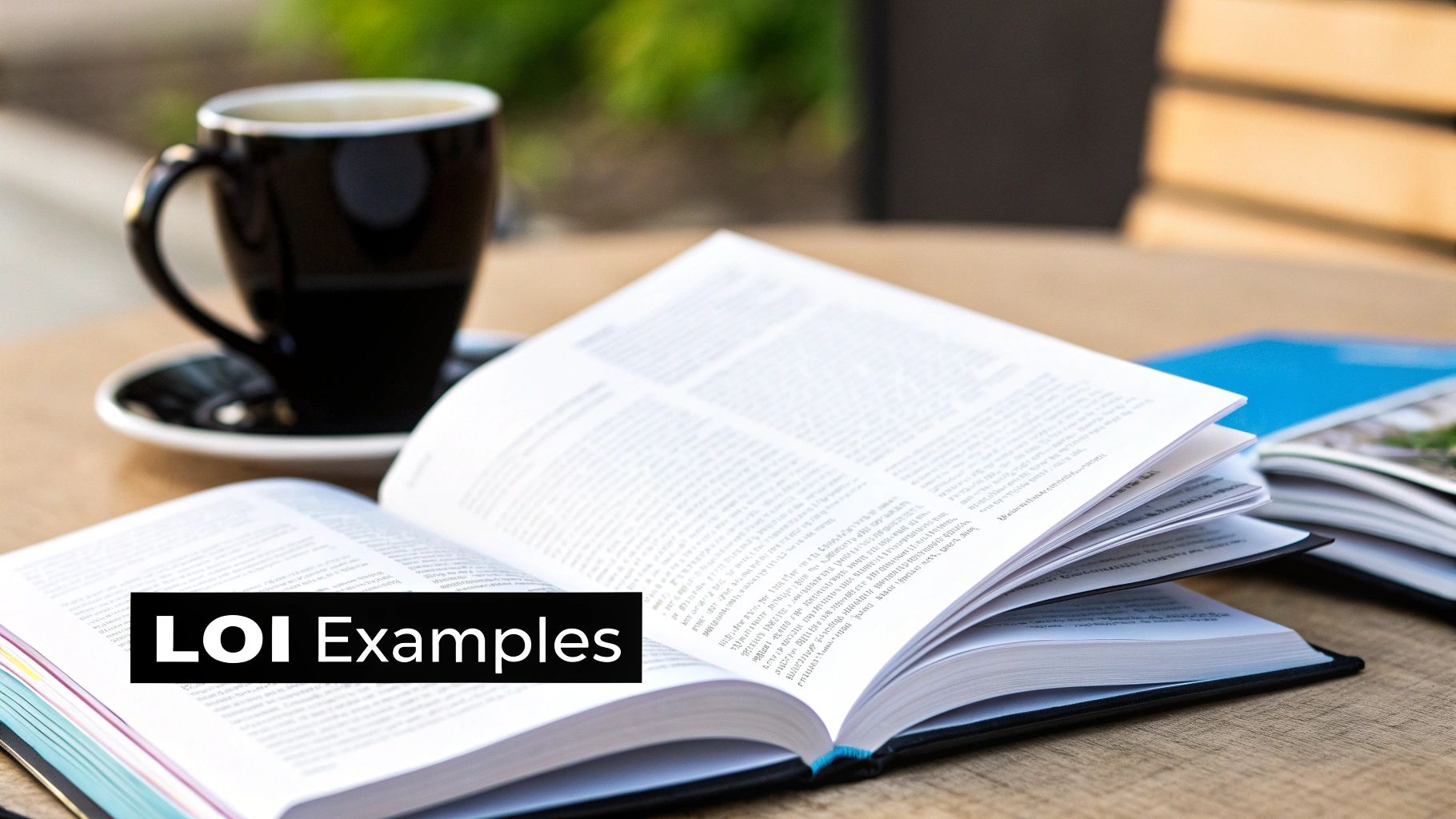 An open book with 'LOI Examples' overlay, a black coffee mug, and another book on a wooden table.