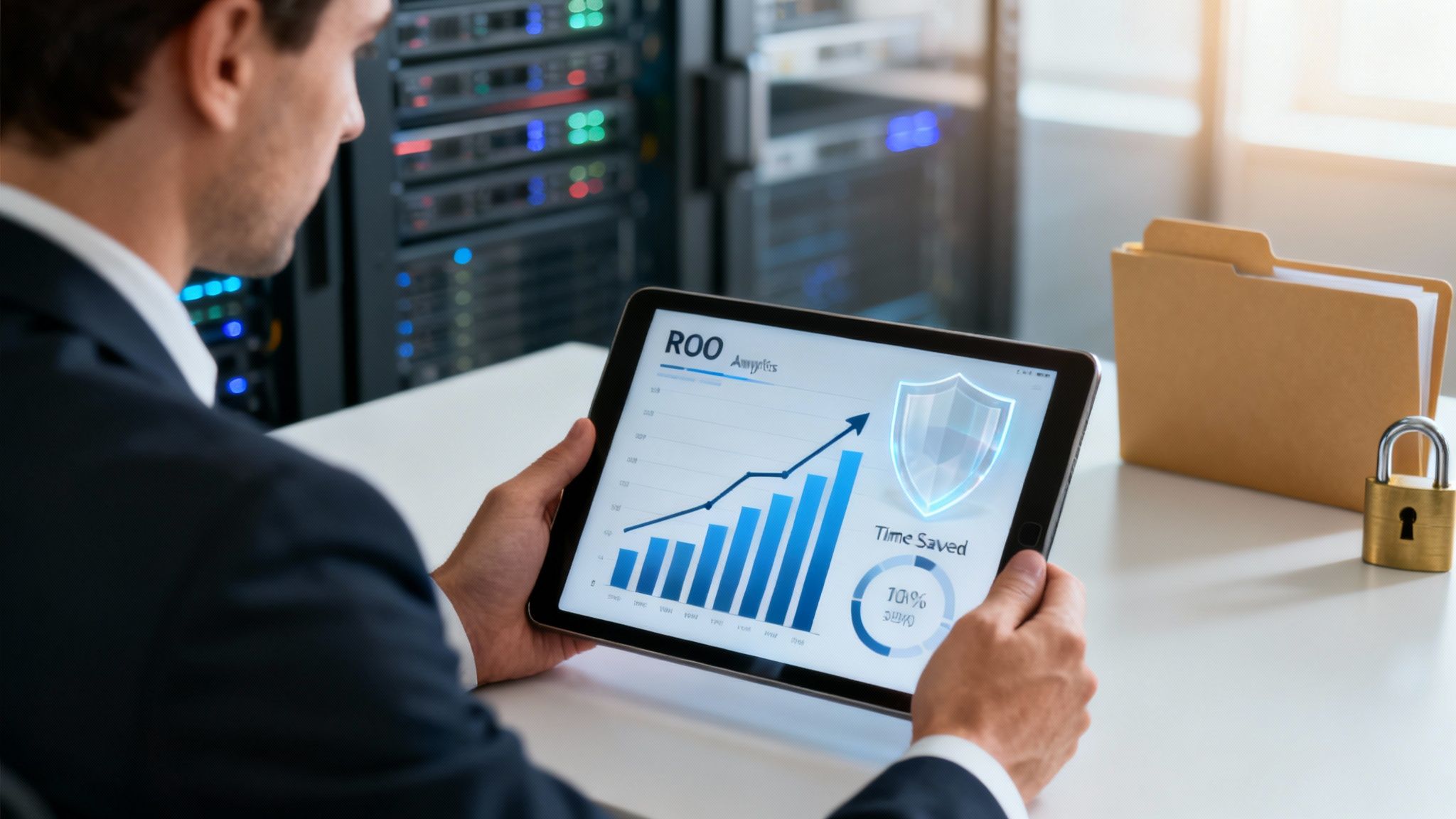Man reviews IT analytics on a tablet showing data growth, security, and time saved in a server room.