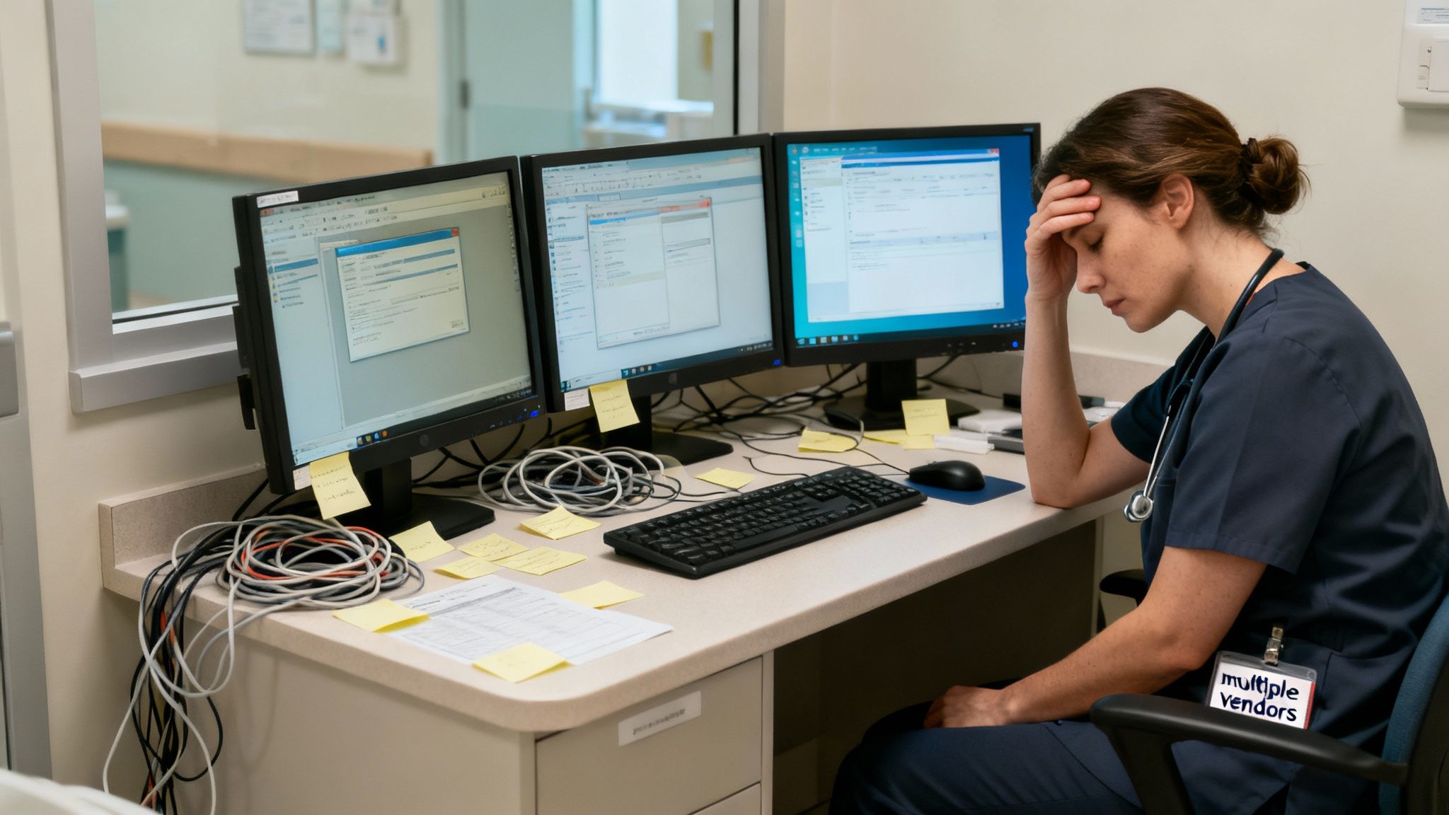 Stressed medical professional facing multiple computer screens and complex EMR systems.