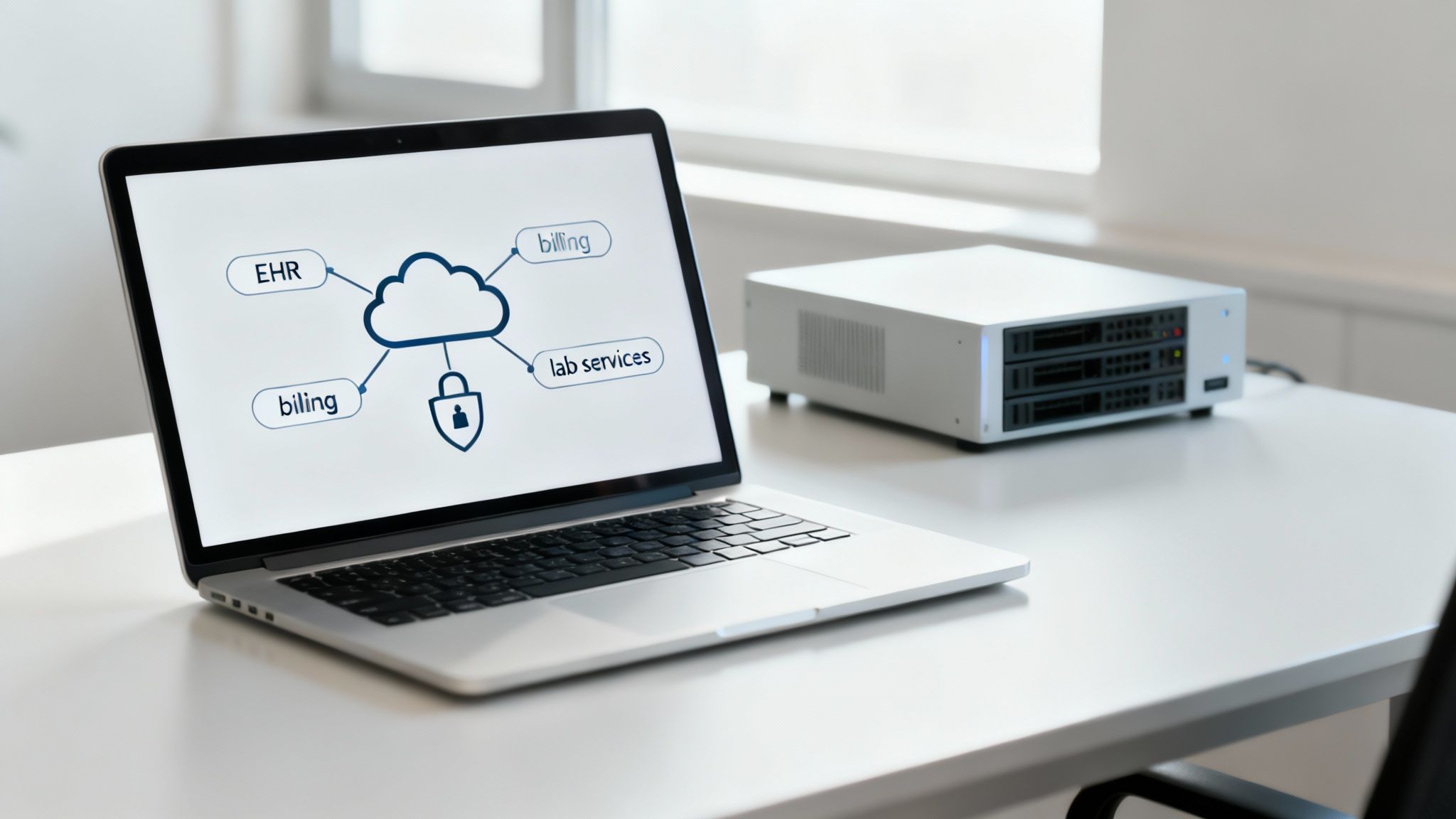 A laptop displays a cloud diagram with EHR, billing, and lab services, emphasizing secure medical data management.