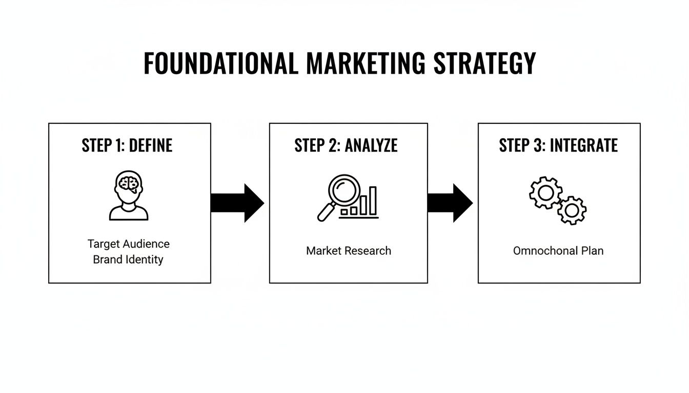 A foundational marketing strategy diagram with three steps: define target audience, analyze market research, and integrate omnichannel plan.