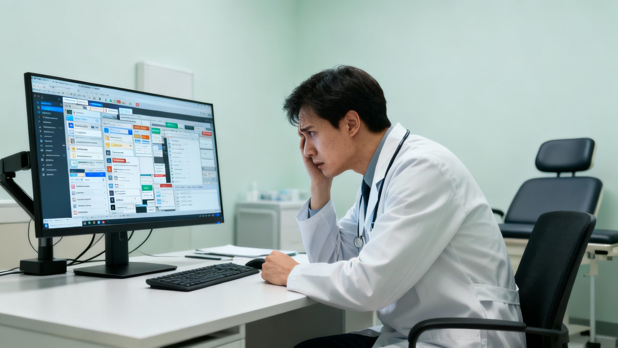 A stressed male doctor in a white coat looking at a computer with medical records.