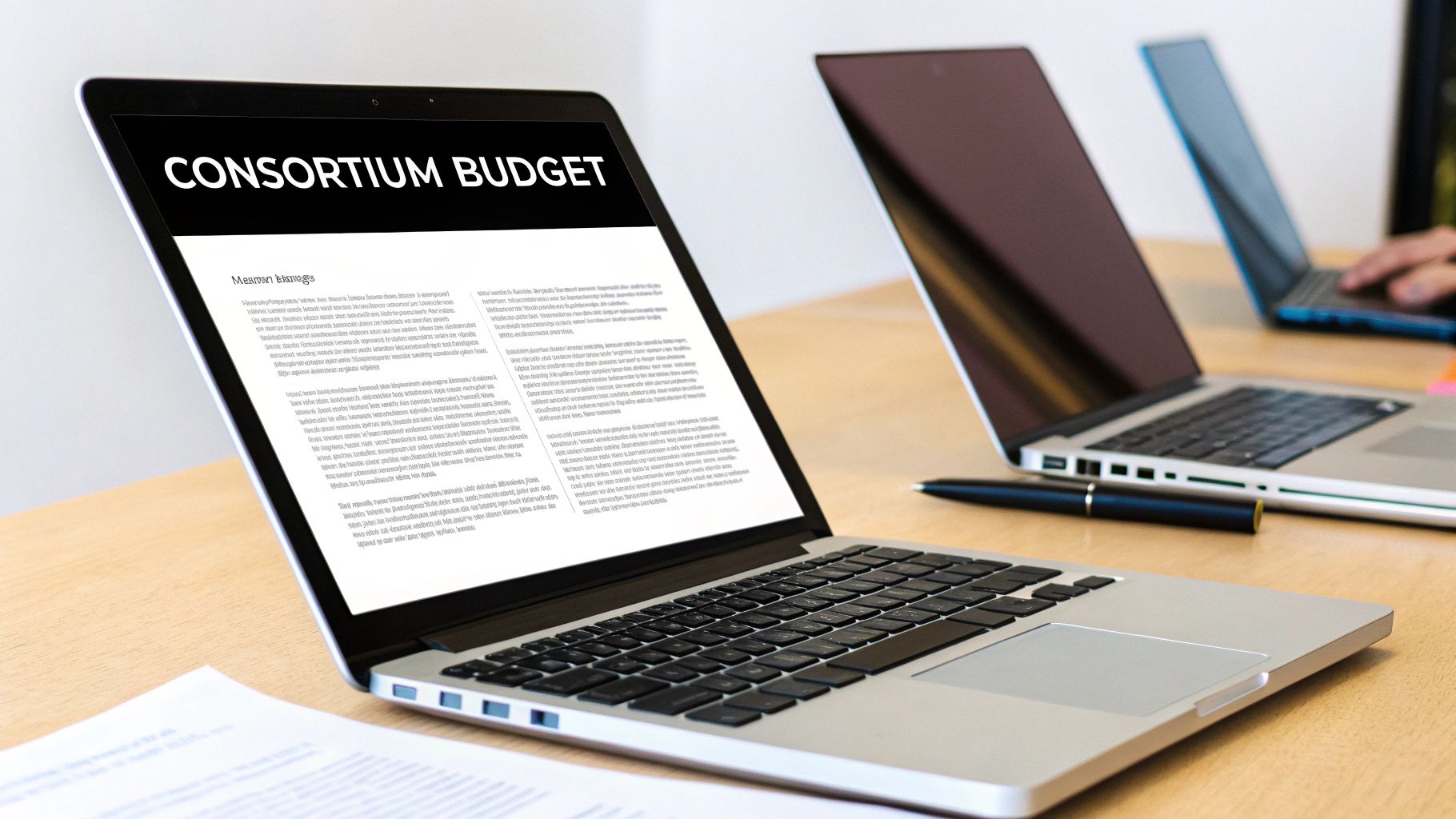 Laptop displaying consortium budget document on desk with multiple computers in background