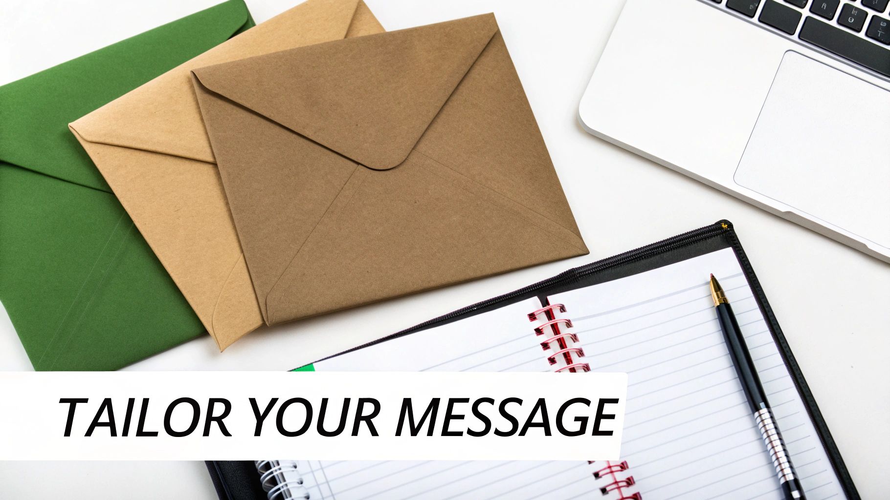 Flat lay of multiple envelopes, a laptop, an open notebook, and a pen, with text 'TAILOR YOUR MESSAGE'.