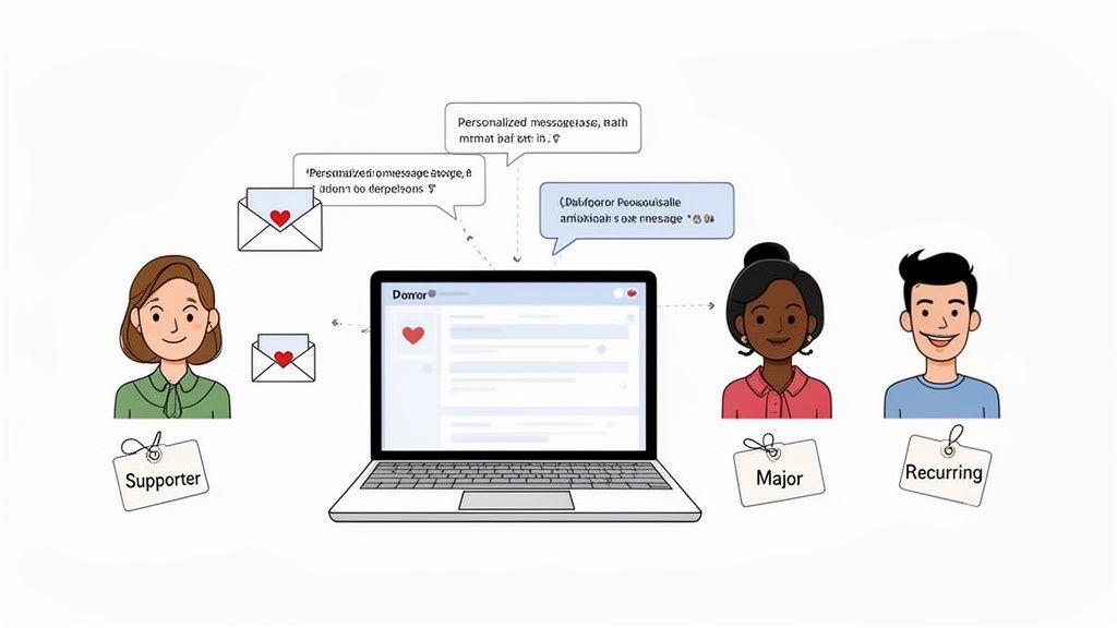 Illustration of a donor management system sending personalized messages to supporter, major, and recurring donors.