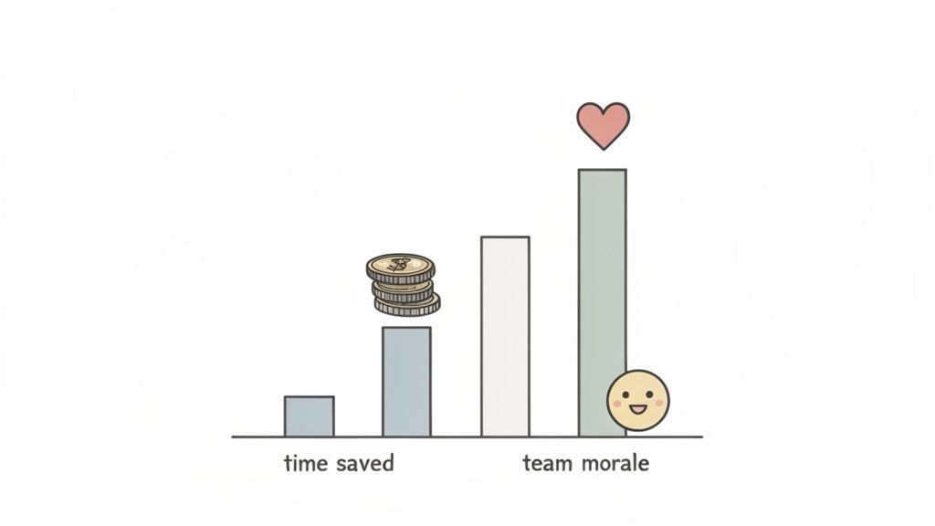 Bar chart illustrating the value of time saved (coins) versus team morale (heart, happy face).