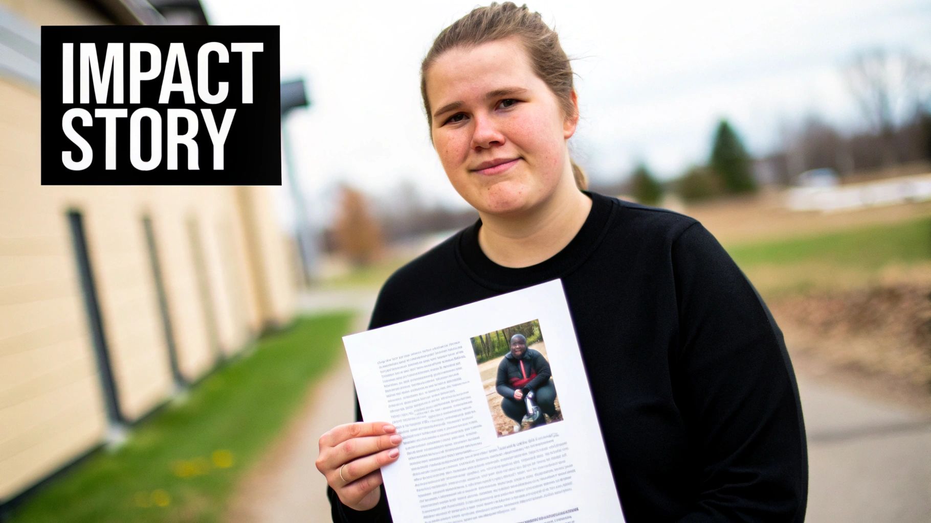 A young woman holds a document titled "IMPACT STORY" featuring a photo of a man.