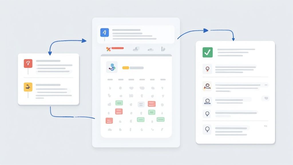 An illustration showing Google Chat, Calendar, and Tasks icons connected together